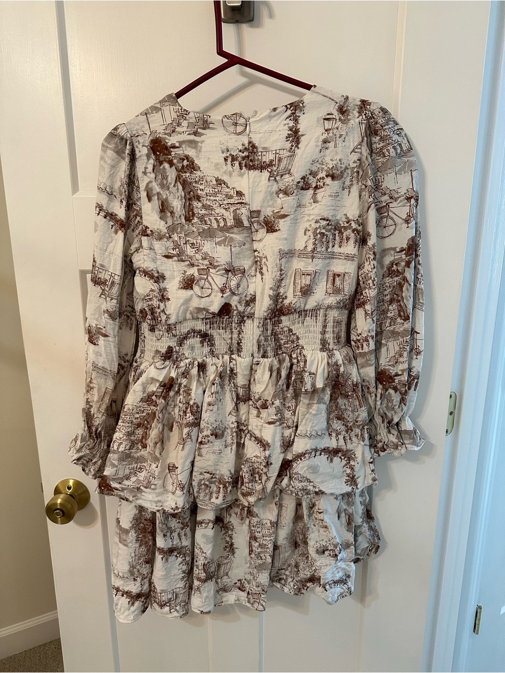 Women’s dress  Cream & Brown Printed long sleeve ruffle dress - Picture 3 of 4